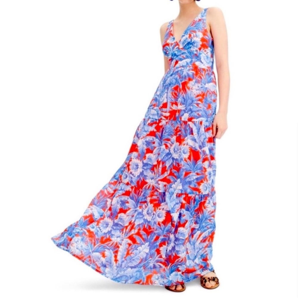 J Crew Ratti Floral Print Blue and Red Maxi Dress